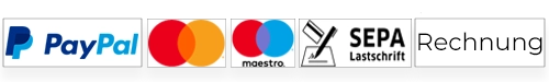 Zahlungsmethoden: PayPal, Master-Card, Mastero-Card, SEPA-Lastschrift, Rechnung 