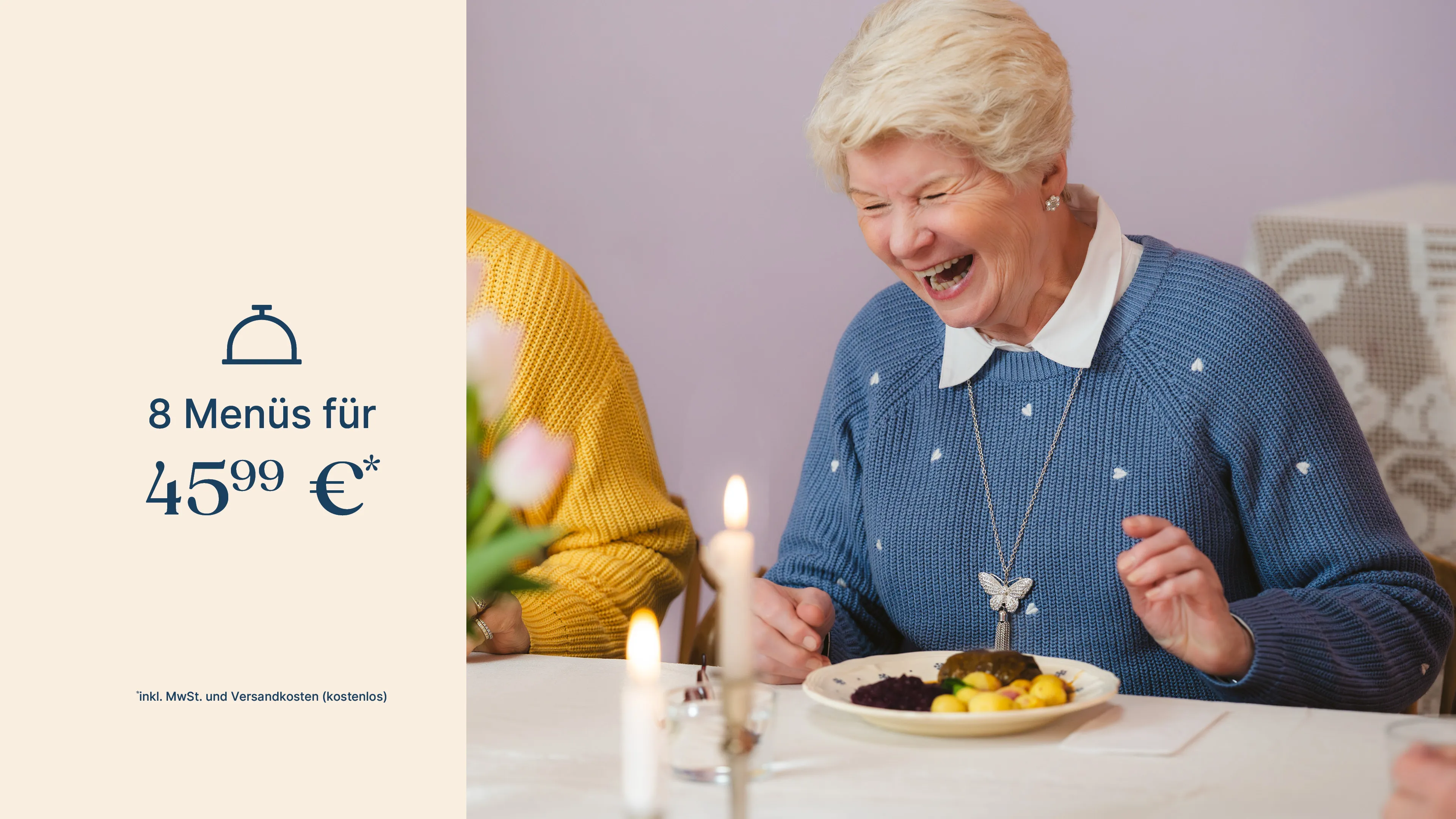 Angerichtetes Gericht auf dem Tisch; daneben Angebotsbox ‚8 Menüs für 45,99 €‘ und Button ‚Jetzt Angebot bestellen‘.