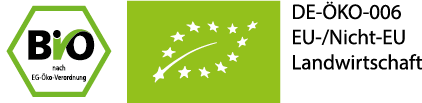 Drei Bio-Zertifizierungen nebeneinander: Das deutsche sechseckige Bio-Siegel nach EG-Öko-Verordnung, das grüne EU-Bio-Logo (Blatt aus Sternen) und die Kontrollstellen-Angabe 'DE-ÖKO-006' mit dem Herkunftshinweis 'EU-/Nicht-EU-Landwirtschaft'.