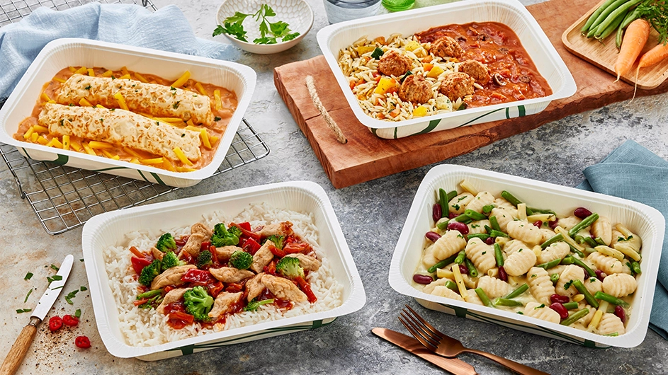 Vier vegetarische Gerichte in Menüschale, angerichtet mit Gemüse, Reis oder Nudeln