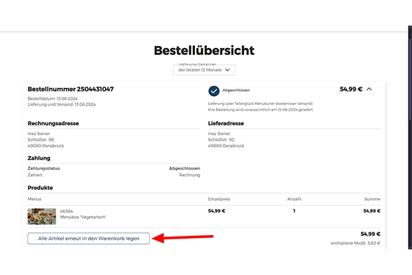 In der Übersicht der letzten Bestellung zeigt ein roter Pfeil nach unten auf den Button Alle Artikel erneut bestellen