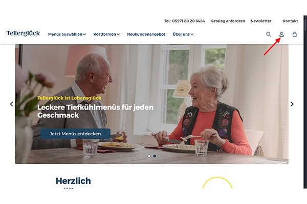 Tellerglück Startseite mit rotem Pfeil auf das Benutzer-Icon oben rechts zum Einloggen
