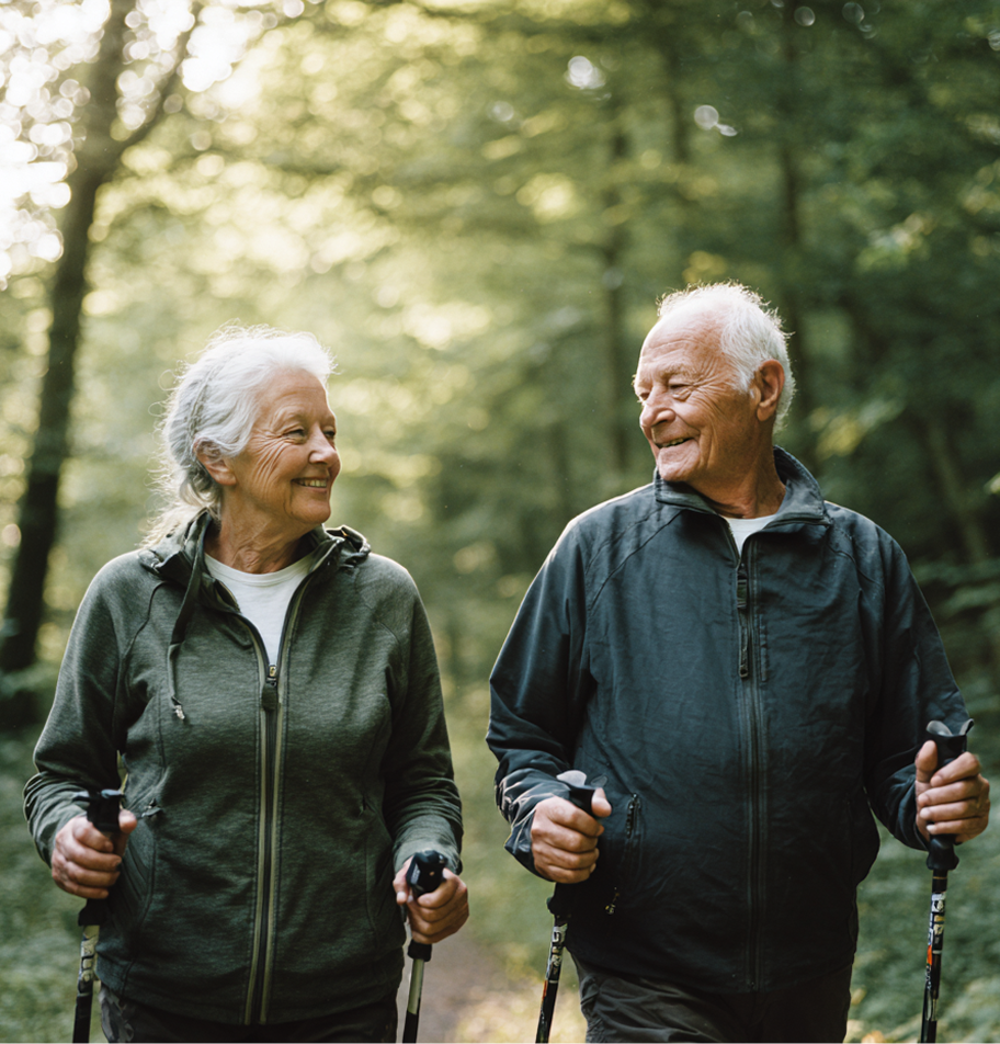 Es sind frontal eine Seniorin und ein Senior zu sehen. Beide haben Stocke zum spazieren in den Händen. Im Hintergrund ist ein Wald zu erkennen. 