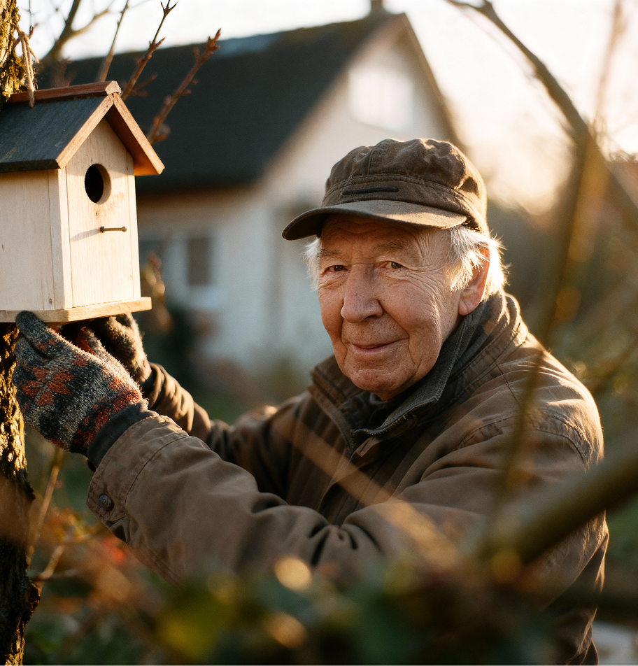 Ein Senior steht draußen vor seinem Haus und hängt ein Vogelhaus an einen Baum.