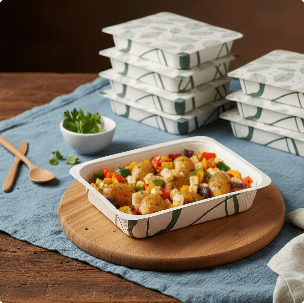 Tellerglück‑Menüschale mit Gemüse und Kartoffeln steht auf einem Holzbrett, dahinter mehrere gestapelte Tiefkühlmenü‑Schalen.