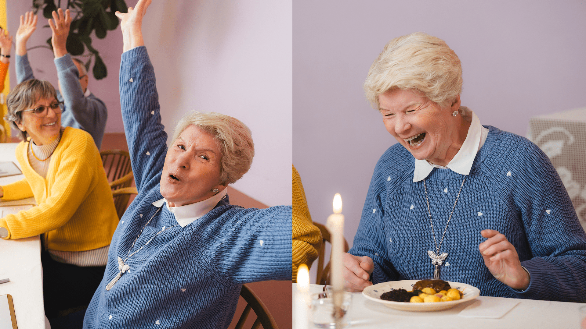 Ältere Person sitzt an einer gedeckten Tafel und isst ein angerichtetes Gericht mit Gemüse und Kartoffeln.