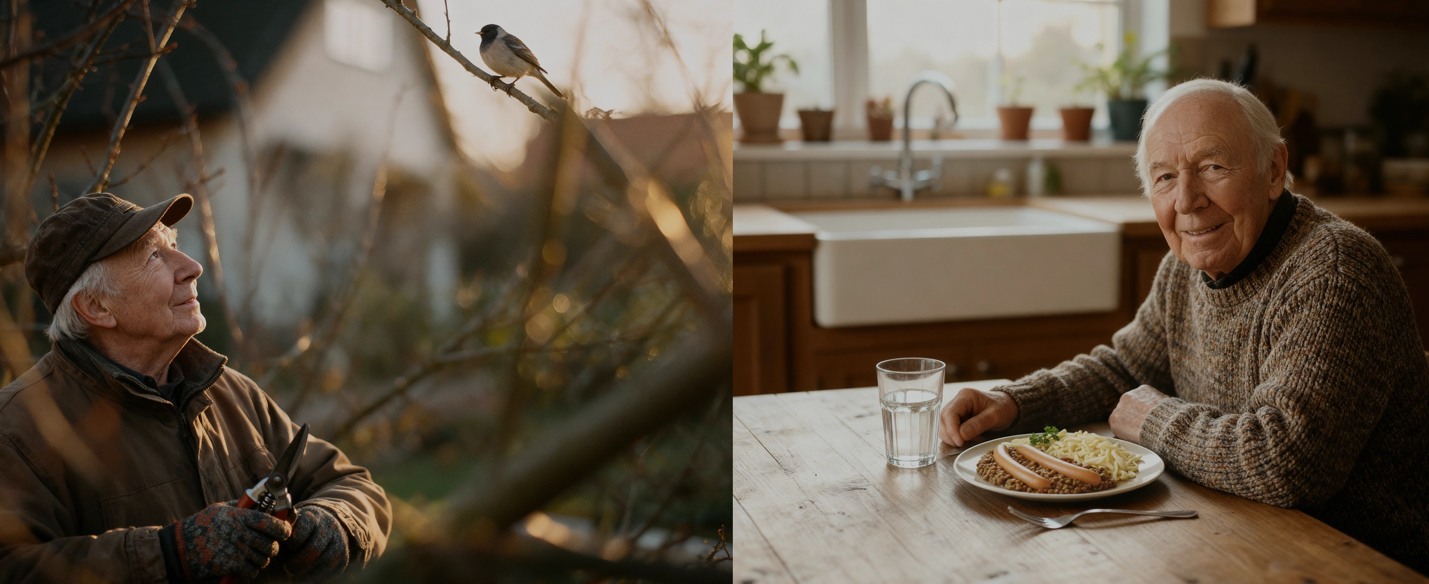 Es sind zwei verschiedene Bilder aneinander geschnitten. Auf dem linken Bild ist ein Senior zu sehen, der draußen im Garten zwischen kahlen Ästen steht. Auf dem rechten Bild ist ein Senior zusehen, der in seiner Küche an einem Tisch sitzt und einen Teller mit einem Gericht vor sich stehen hat.