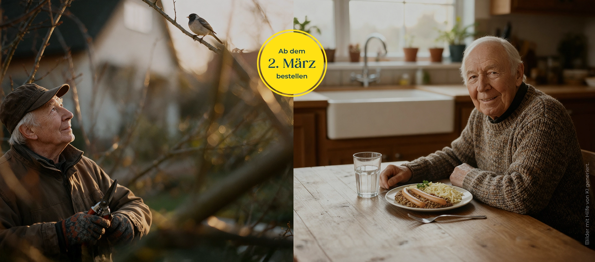 Es sind zwei verschiedene Bilder aneinander geschnitten. Auf dem linken Bild ist ein Senior zu sehen, der draußen im Garten zwischen kahlen Ästen steht. Auf dem rechten Bild ist ein Senior zusehen, der in seiner Küche an einem Tisch sitzt und einen Teller mit einem Gericht vor sich stehen hat.