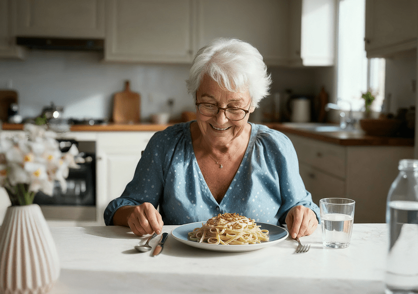 Eine Seniorin sitz an einem gedeckten Tisch und hat vor sich ein Nudelgericht