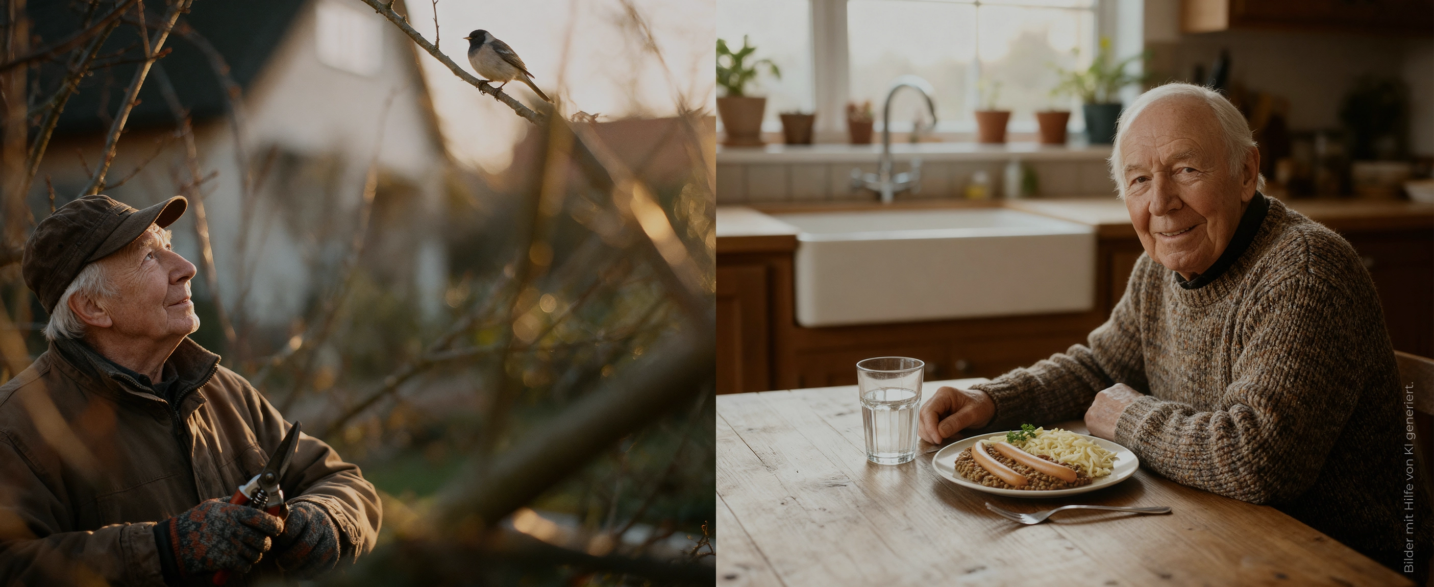 Es sind zwei verschiedene Bilder aneinander geschnitten. Auf dem linken Bild ist ein Senior zu sehen, der draußen im Garten zwischen kahlen Ästen steht. Auf dem rechten Bild ist ein Senior zusehen, der in seiner Küche an einem Tisch sitzt und einen Teller mit einem Gericht vor sich stehen hat. 