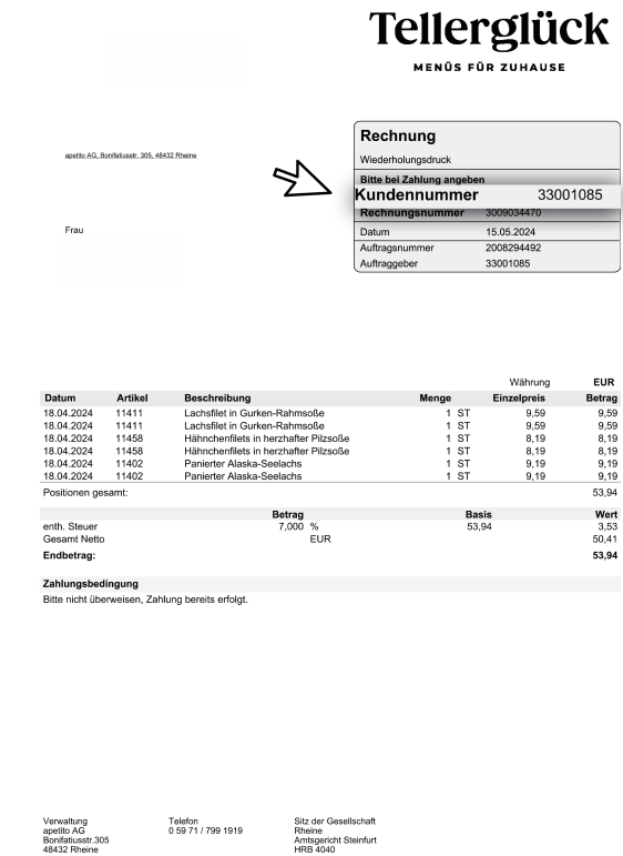 Tellerglück Rechnung Beispiel