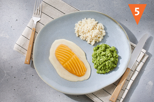 zerkleinertes Menü mit Reis, Brokkoli und Fisch
